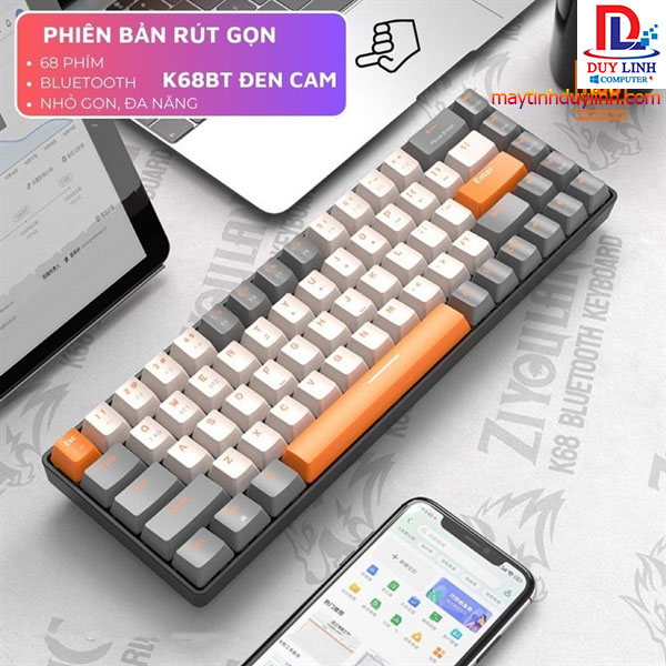 Bàn Phím Cơ Bluetooth Không Dây K68BT Trục Cơ Red SWitch, Có Hotswap Kết Nối ( Đen Cam)