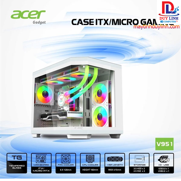 Case ACER V951 BLK M-ATX GAMING - WHITE + 3 Fan