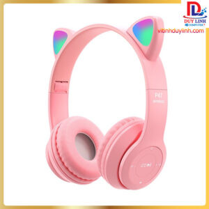 Tai nghe Bluetooth 5.0 GrownTech P47M B tai mèo kèm micro có cỗng 3.5mm-màu Hồng